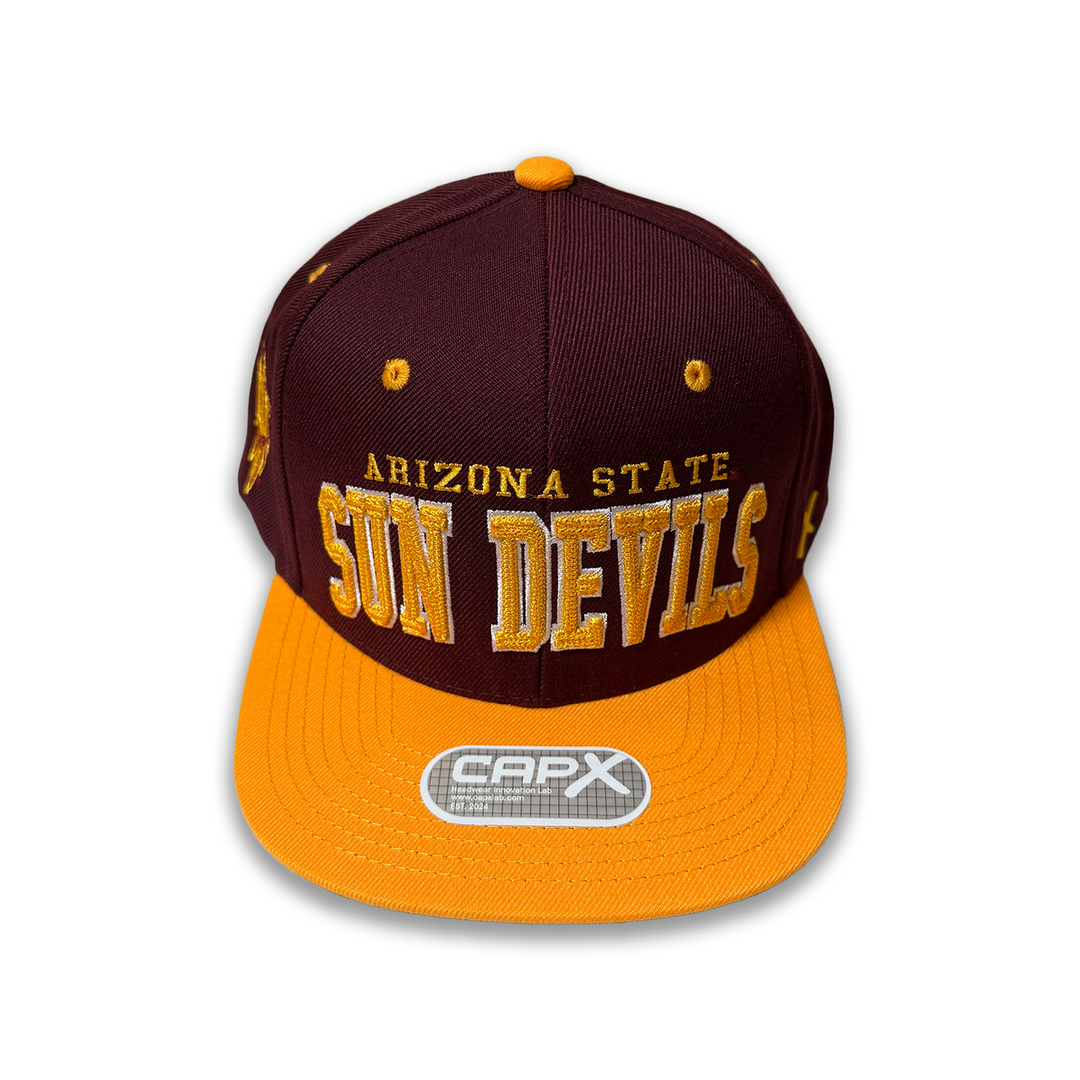 maroon hat with gold bill. "Arizona State" in gold lettering with "Sun Devils" in larger font below in gold letters and white outline. 