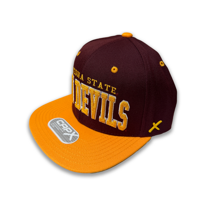 maroon hat with gold bill. "Arizona State" in gold lettering with "Sun Devils" in larger font below in gold letters and white outline. Gold CapX logo on the side of the hat