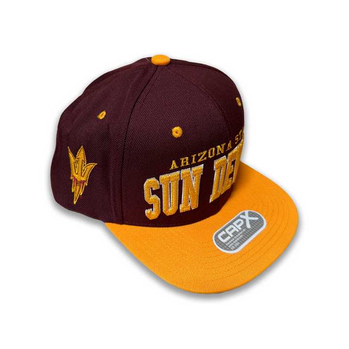 maroon hat with gold bill. "Arizona State" in gold lettering with "Sun Devils" in larger font below in gold letters and white outline. Gold pitchfork logo on the side of the hat