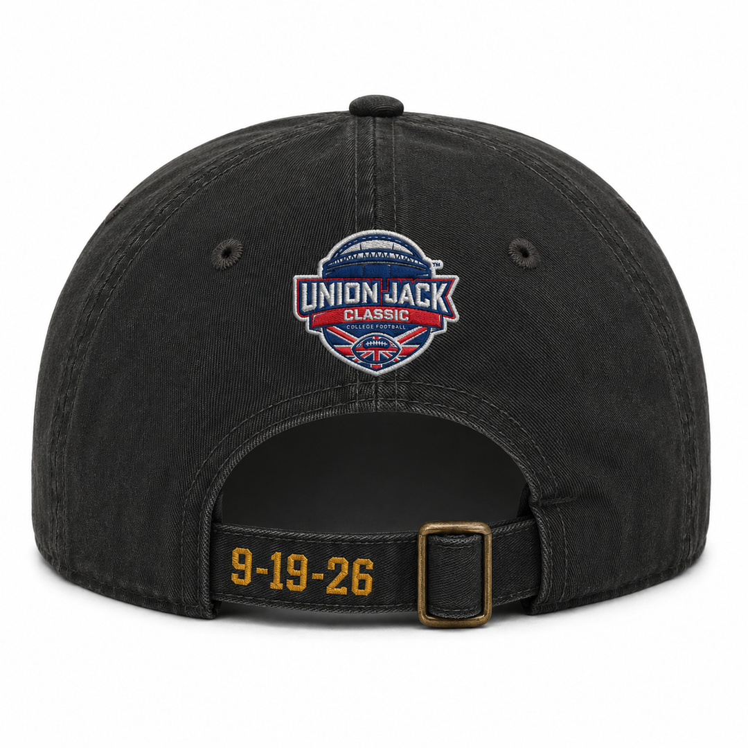 Back of black cotton hat with Union Jack Classic logo and date of the game on the adjustable strap