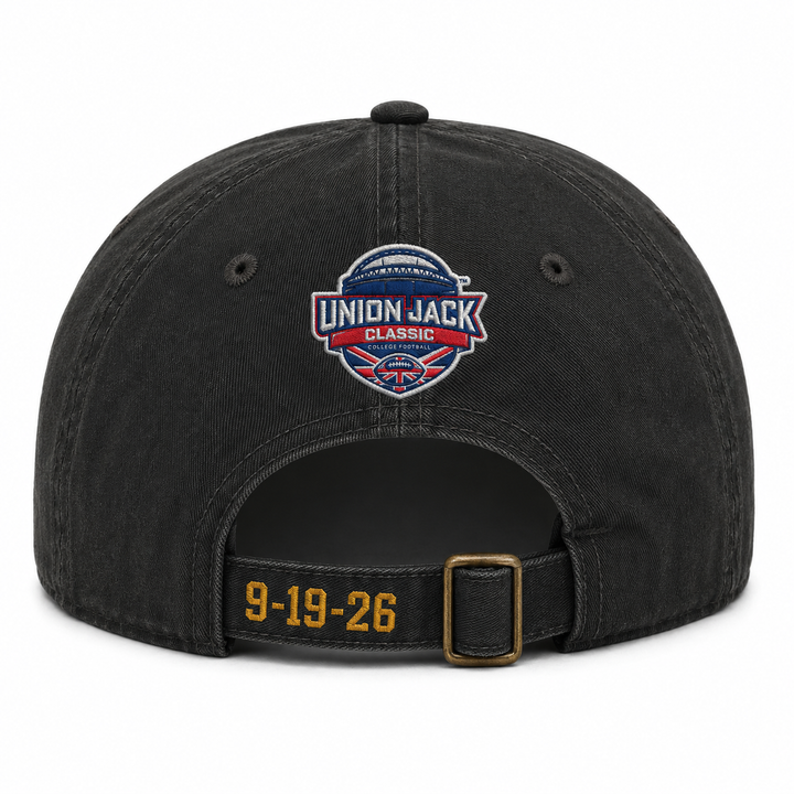 Back of black cotton hat with Union Jack Classic logo and date of the game on the adjustable strap