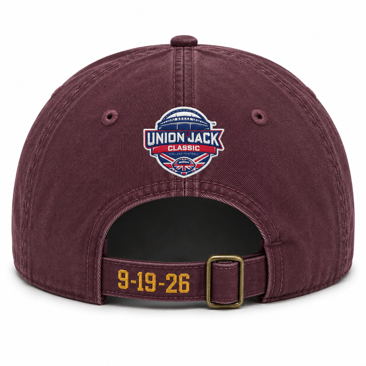 Back of maroon cotton hat with Union Jack Classic logo and date of the game on the adjustable strap 