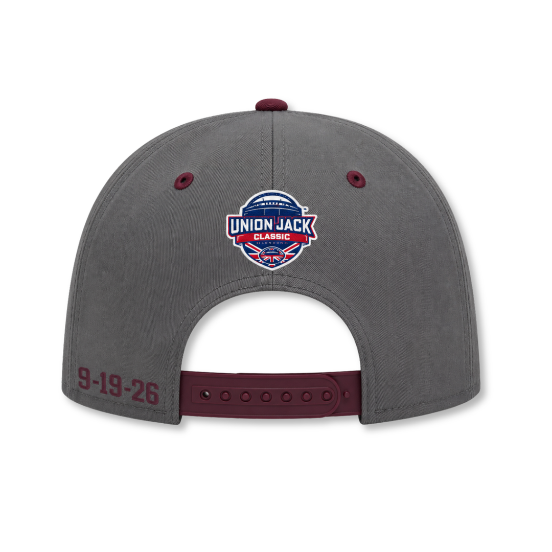 back of gray snapback hat with Union Jack Classic patch on back and date of the game in maroon