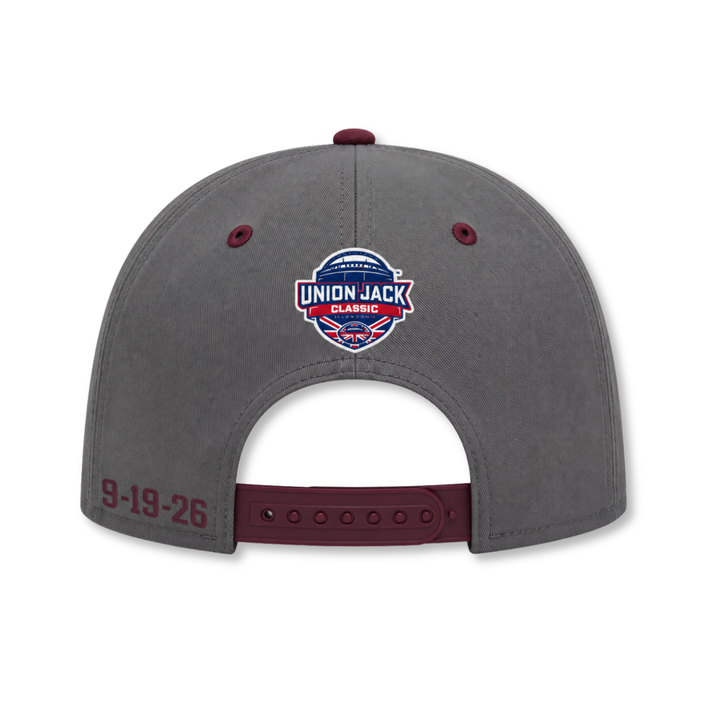 back of gray snapback hat with Union Jack Classic patch on back and date of the game in maroon