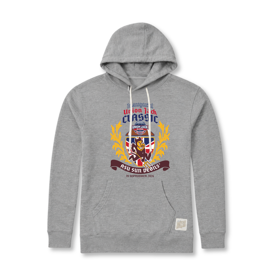 Gray hoody with Union Jack Classic design on front. Features hood strings and front pocket