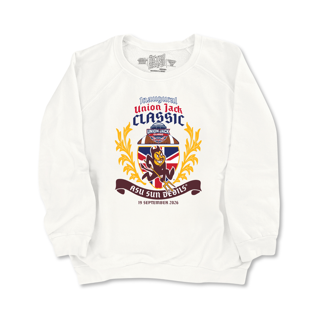 vintage white ladies crew with Union Jack Classic design with game details