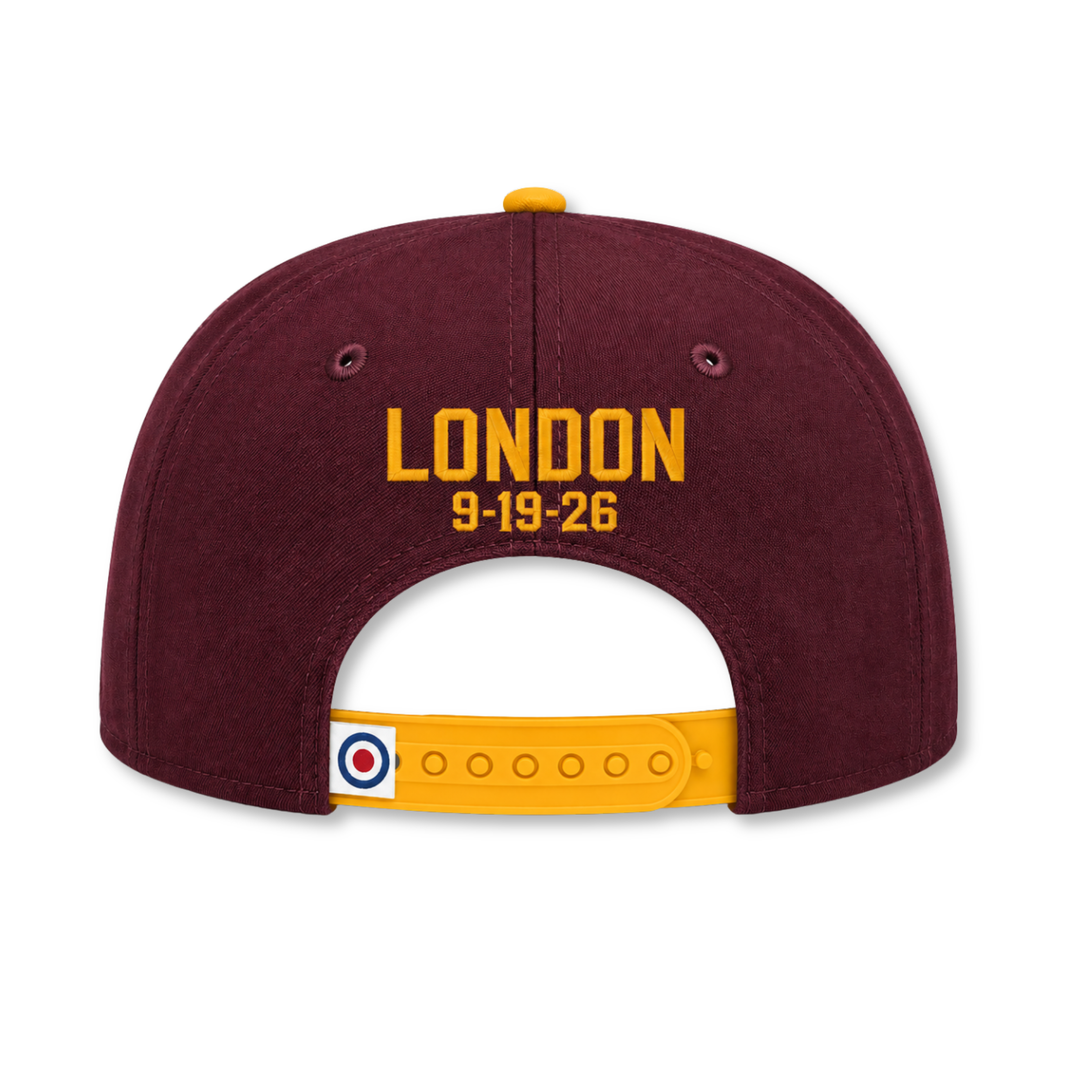 back of maroon hat with gold snapback and "London 9-19-26" text in gold