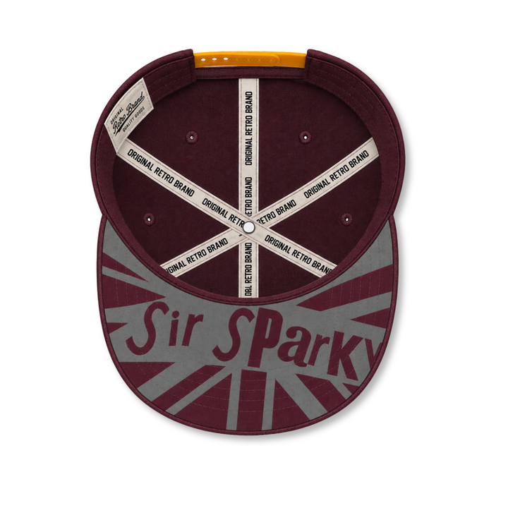 underside of maroon hat with design on bill that says "Sir Sparky"