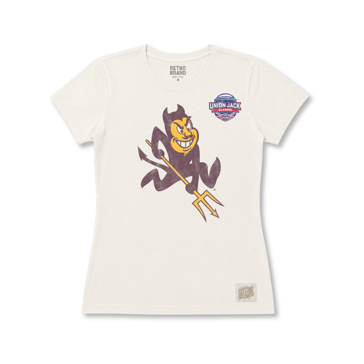 Sparky and Union Jack Classic patch on front of tee