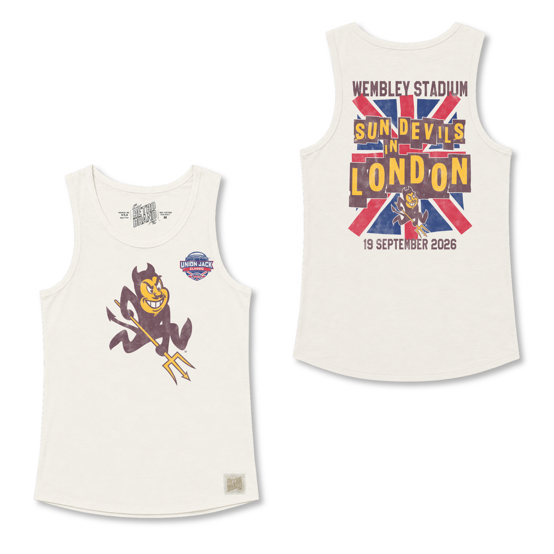 front and back of vintage white tank top. Sparky and UJC logo on front. Wembley design on back