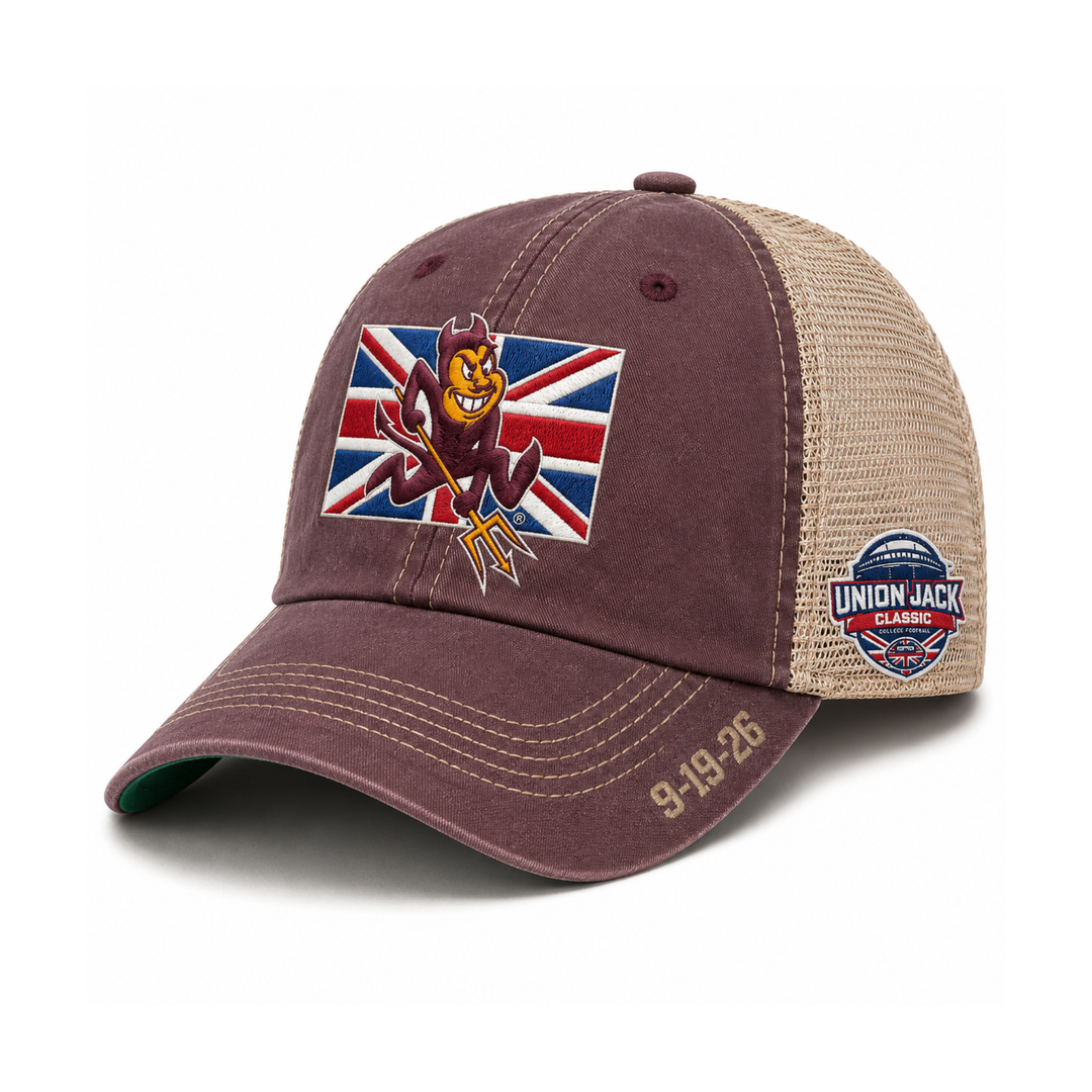 trucker hat with Sparky over flag design. Date of UJC game on the bill, and a UJC logo on the side