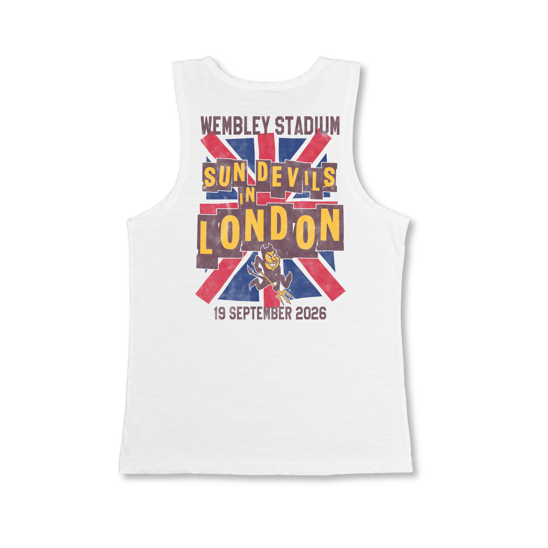 back of white tank top. Wembley design on back