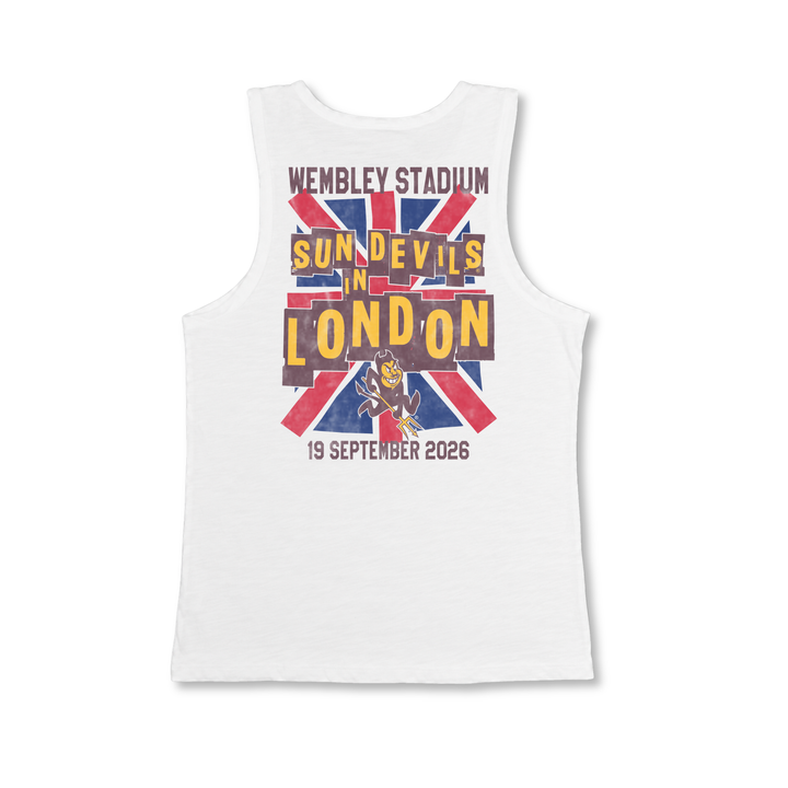 back of white tank top. Wembley design on back