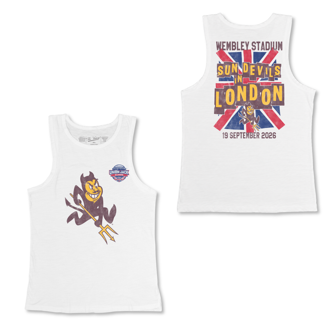 front and back of white tank top. Sparky and UJC logo on front. Wembley design on back