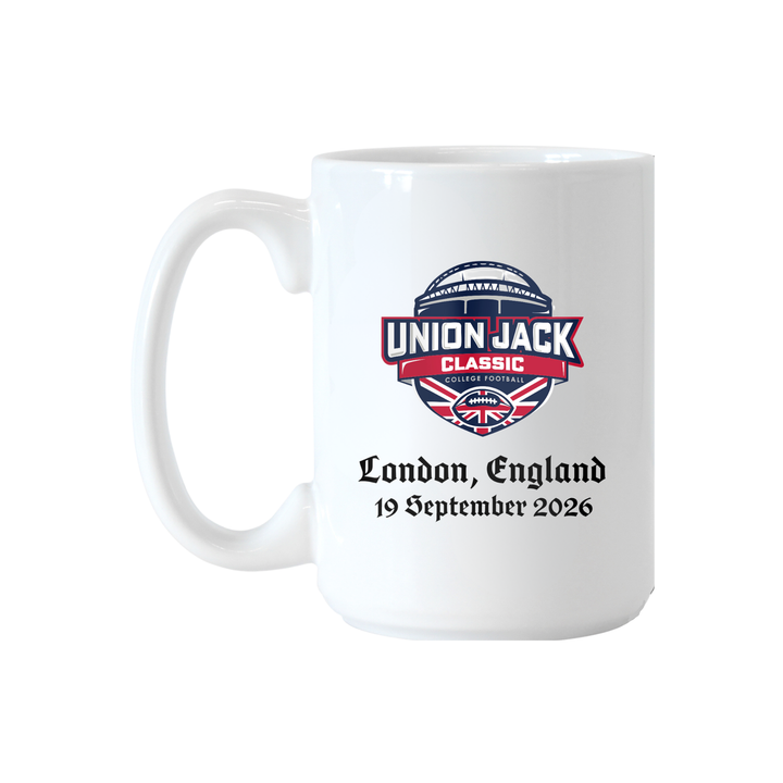 coffee mug with Union Jack CLassic logo and text below reading "London, England 19 September 2026"