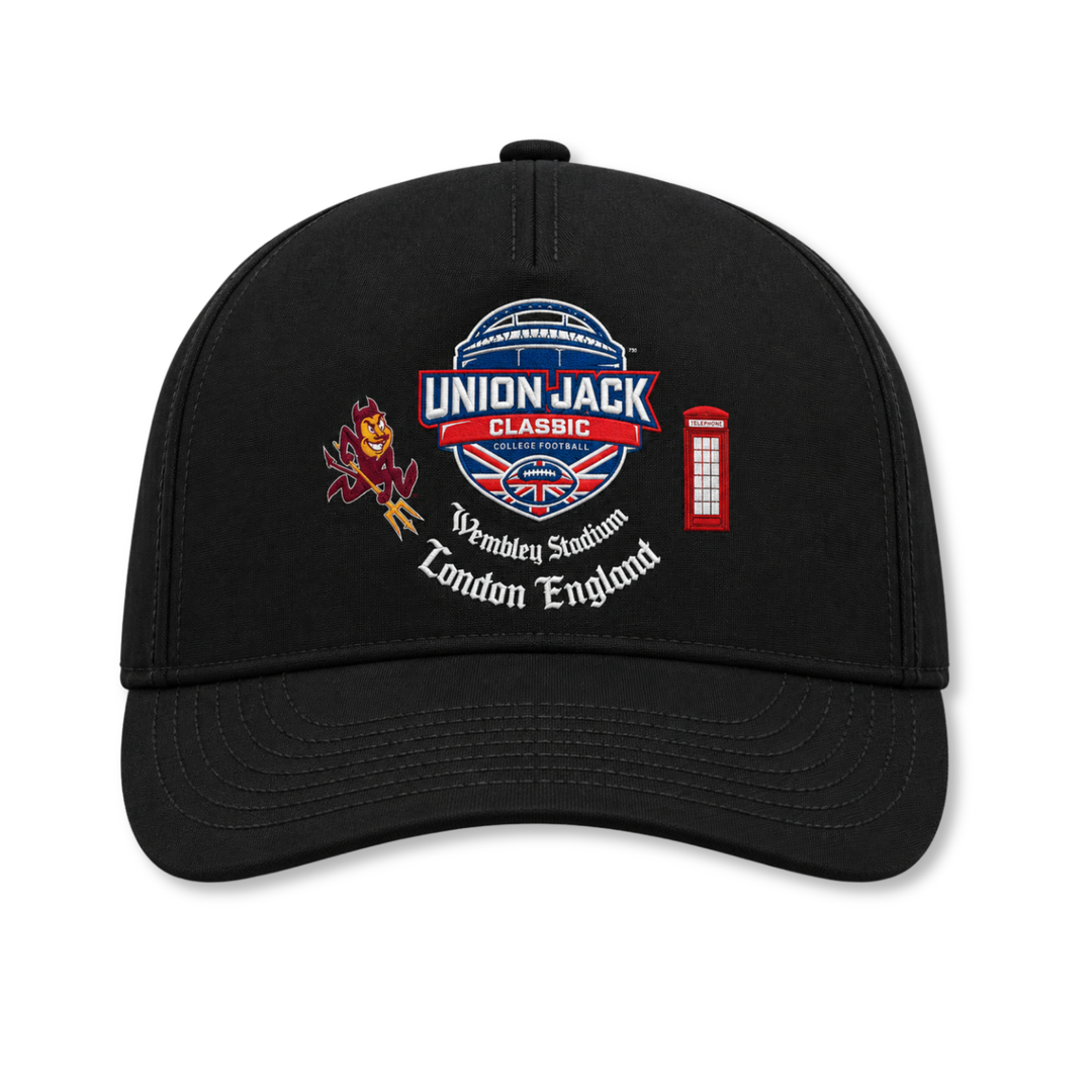 black microfiber hat with Union Jack Classic logo, Sparky, phone booth, and text saying "Wembley Stadium London England"