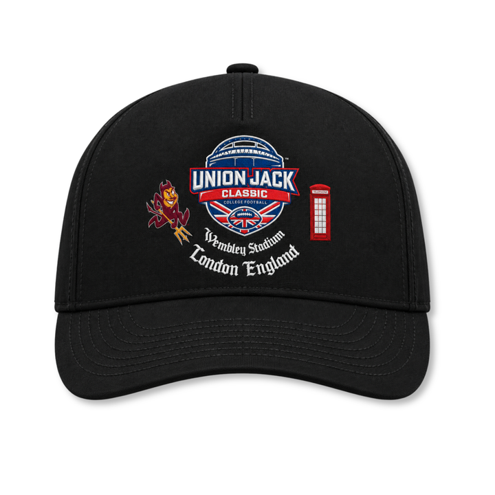 black microfiber hat with Union Jack Classic logo, Sparky, phone booth, and text saying "Wembley Stadium London England"