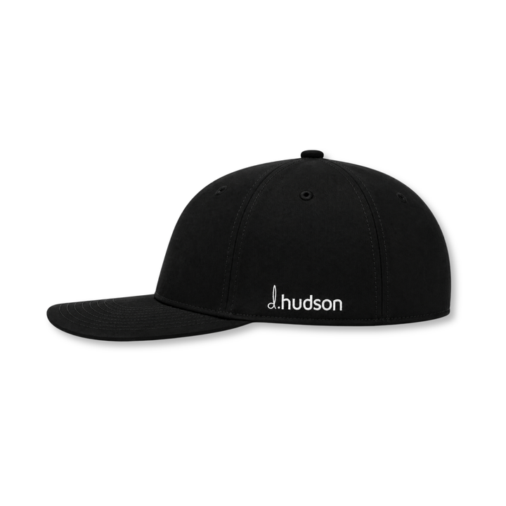 side of black microfiber hat with d.hudson logo