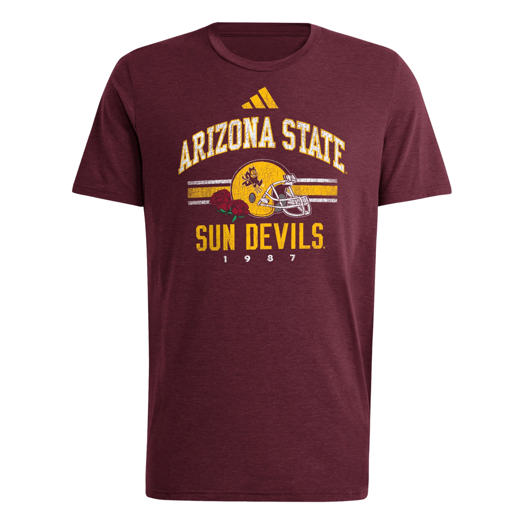 Maroon adidas tee reading Arizona State Sun Devils from the 1987 Rosebowl featuring the gold classic Sparky helmet