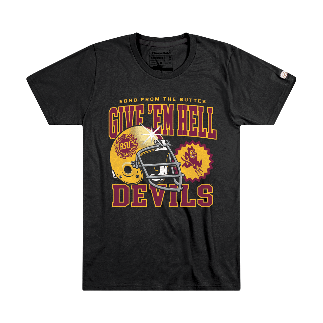 black tee with text reading Echo from the Buttes and Give Em Hell Devils with a sunburst football helmet and running sparky logo
