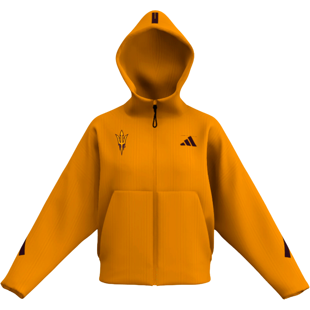 Gold Fullzip hoodie with Adidas logo and Pitchfork Logo