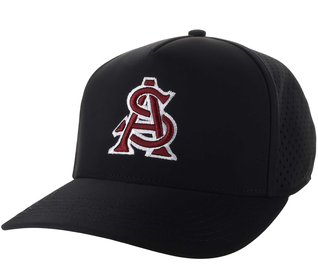 Black structured hat with A&S logo, maroon text, white outline