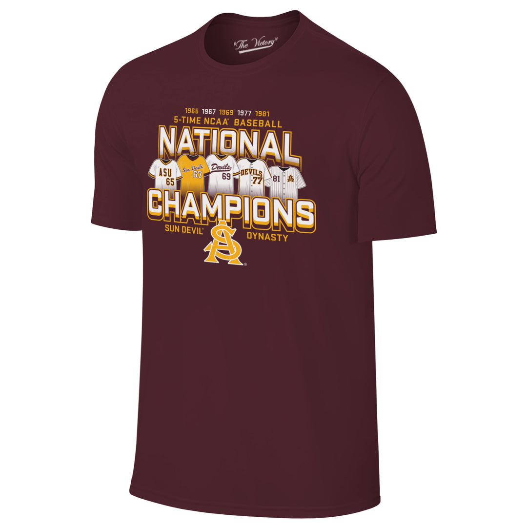 The Victory tee by Retro Brand is a crew neck kids tee in maroon with the 5 championships listed 1965, 1967, 1969, 1977, 1981 over the 5-Time NCAA Baseball text over National in capital letters. With the 5 jerseys over Champions. Sun Devil Dynasty under Champions with an interlocking A&S in the middle

