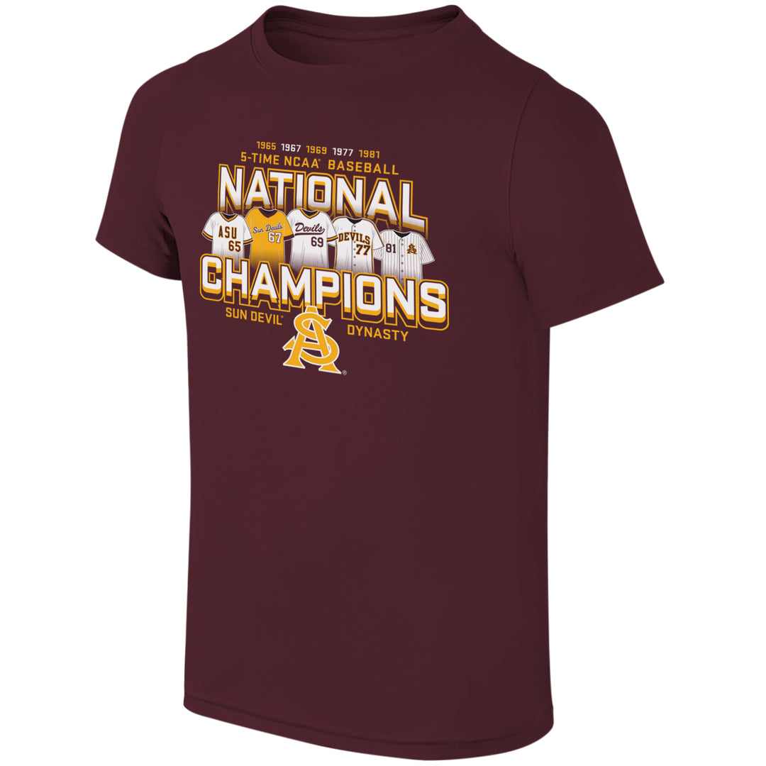 The Victory tee by Retro Brand is a crew neck unisex tee in maroon with the 5 championships listed 1965, 1967, 1969, 1977, 1981 over the 5-Time NCAA Baseball text over National in capital letters. With the 5 jerseys over Champions. Sun Devil Dynasty under Champions with an interlocking A&S in the middle
