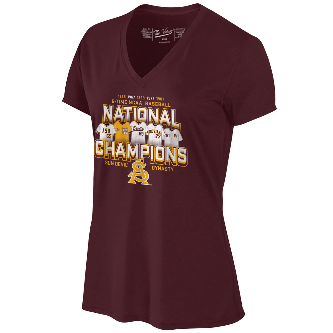 The Victory tee by Retro Brand is a v-neck women's tee in maroon with the 5 championships listed 1965, 1967, 1969, 1977, 1981 over the 5-Time NCAA Baseball text over National in capital letters. With the 5 jerseys over Champions. Sun Devil Dynasty under Champions with an interlocking A&S in the middle
