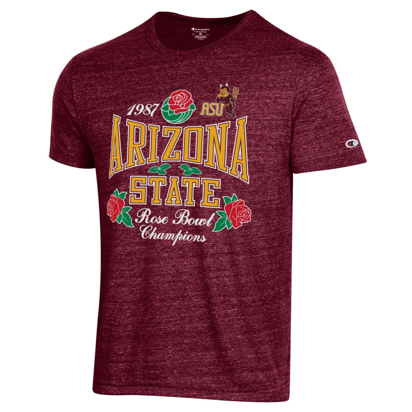 ASU maroon t shirt. In the middle is 