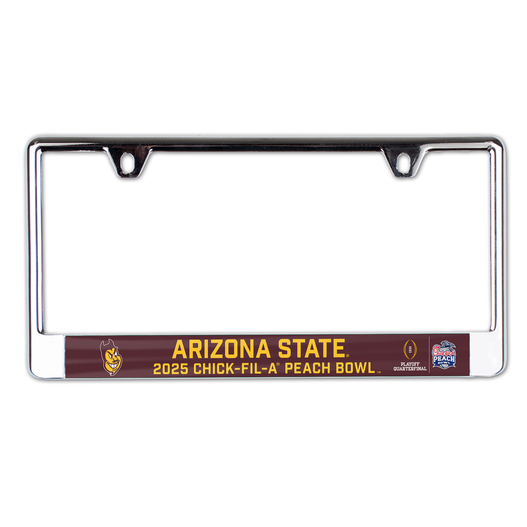 Steel license plate with "Arizona State" over "2025 Chick-Fil-A Peach Bowl" on a maroon background with Sparky head on right and Playoff Quarterfinals and Peach Bowl logos on the left 