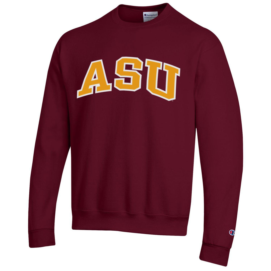 Maroon sweatshirt with 'ASU' in yellow on a white background