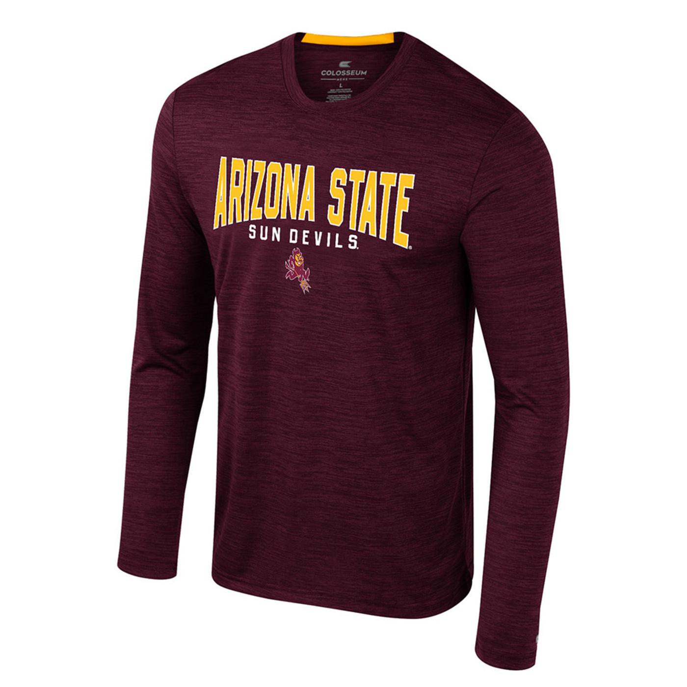 ASU maroon long sleeve t shirt. Across the chest is 