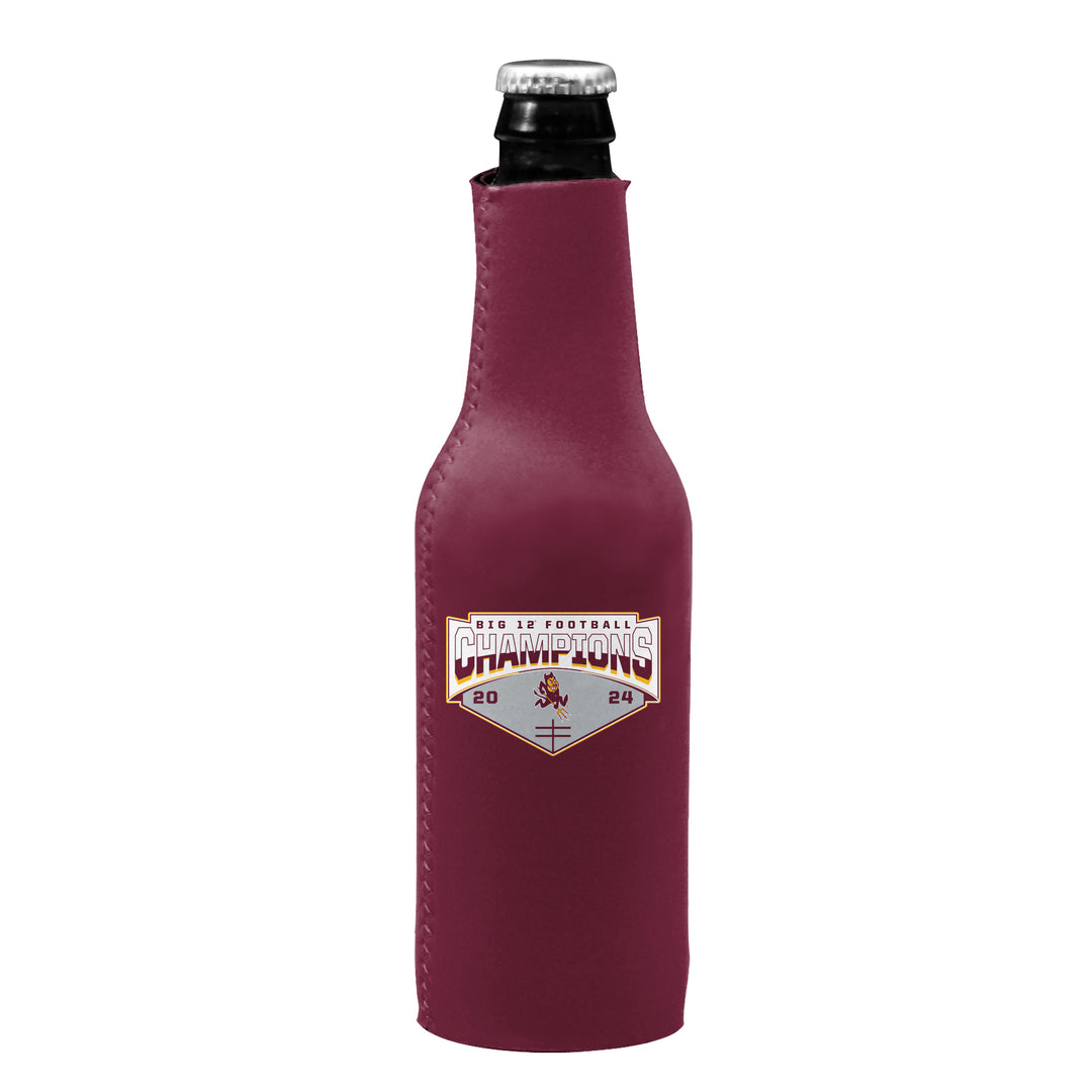Maroon bottle coozie with stitching up the sides, 'Big 12 Football Champions 2024" in the center with charging Sparky
