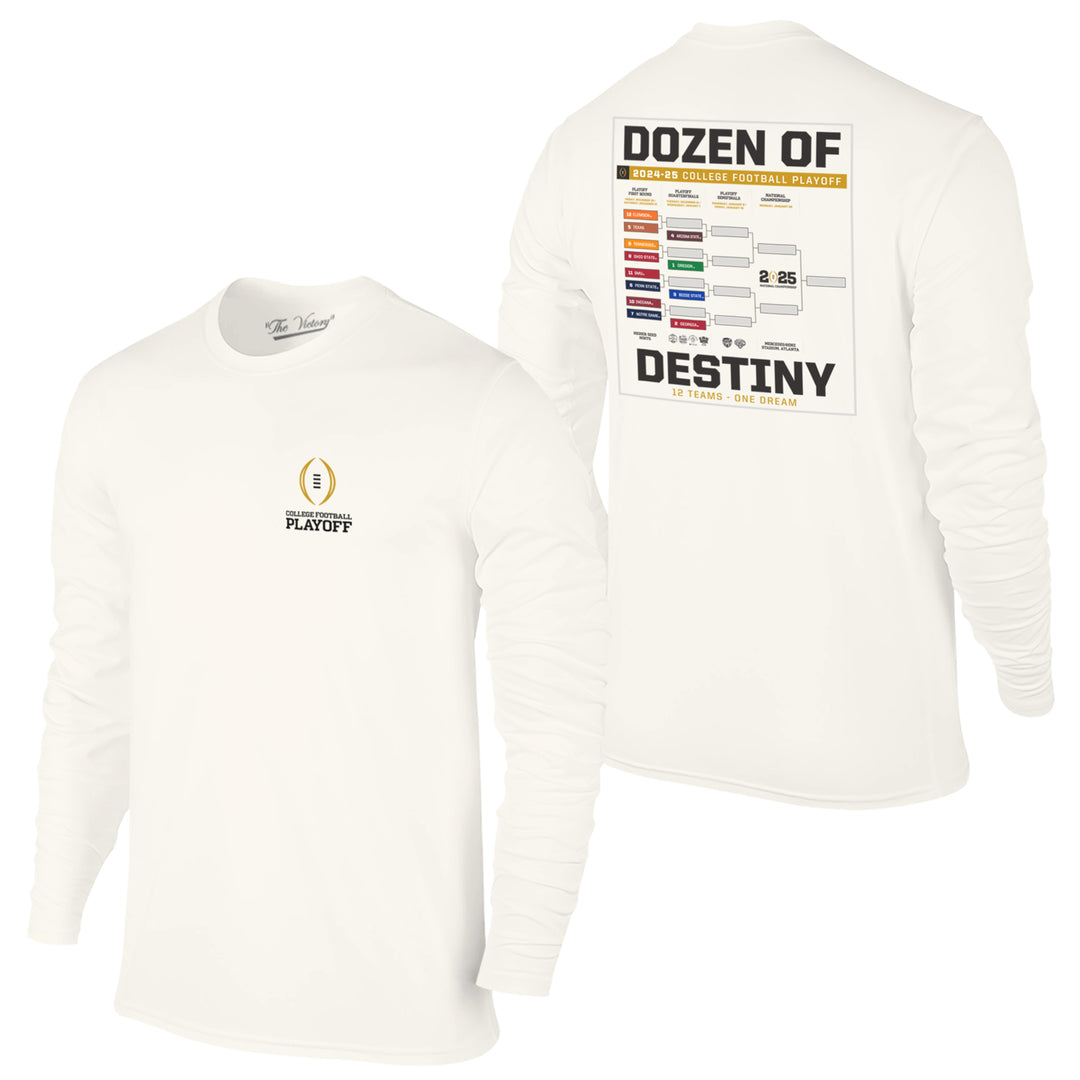 Front long sleeve tee with College Football Playoff logo on left breast, back college playoff teams through quarterfinals in bracket form with "Dozens of Destiny" in black sandwiching bracket