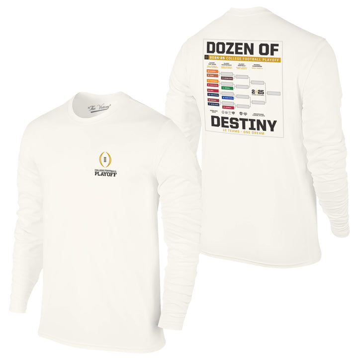 Front long sleeve tee with College Football Playoff logo on left breast, back college playoff teams through quarterfinals in bracket form with "Dozens of Destiny" in black sandwiching bracket