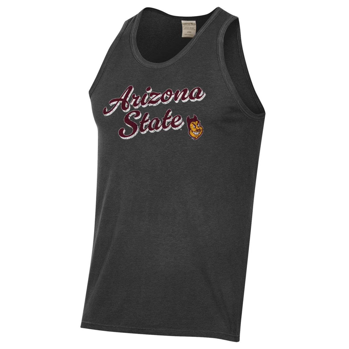 Black tank top with Arizona State in cursive maroon and white writing across the chest and Sparkyface in the botton left corner.