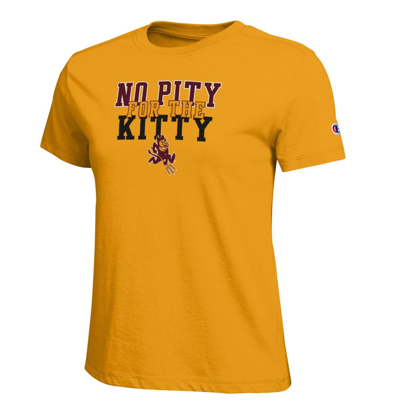 Yellow t-shirt with 'No Pity for the Kitty' text and logo on a white background