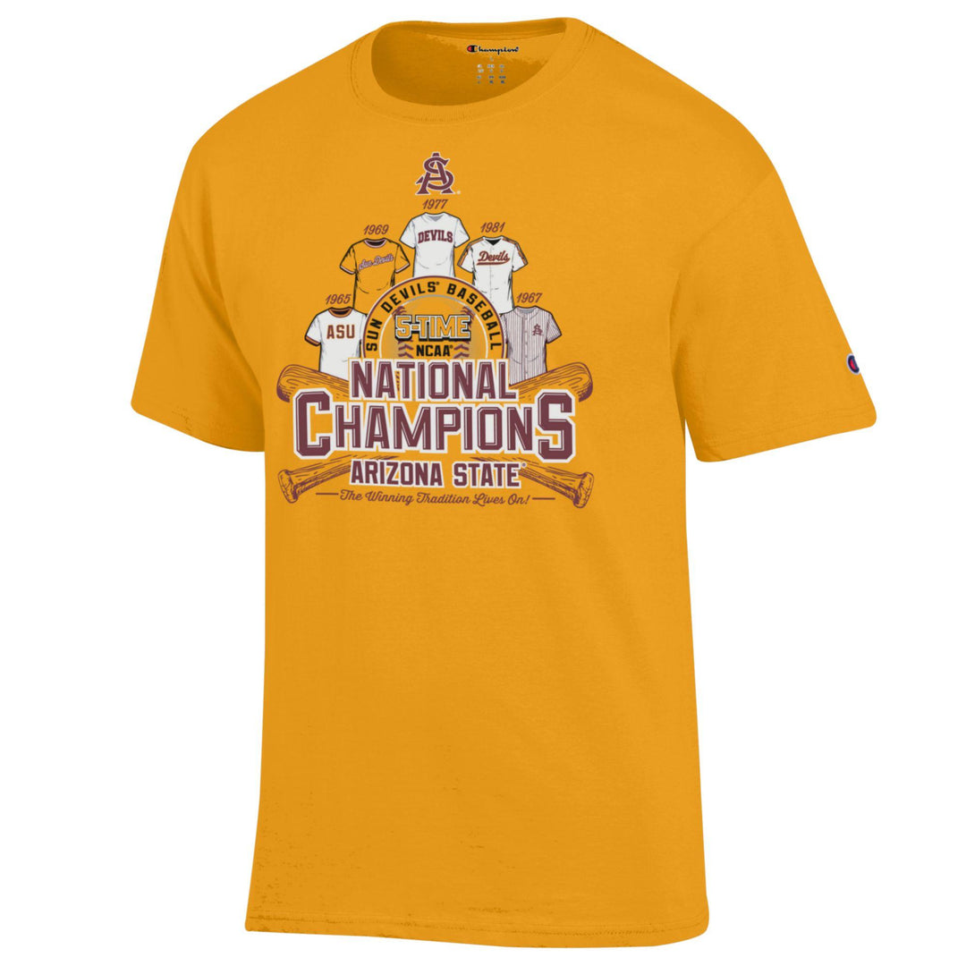 This Champion crew neck tee in gold has the interlocking AS in maroon with a white outline. Displays the 5 baseball jerseys with Sun Devils Baseball 5 time NCAA over National Champions over Arizona State with the winning tradition lives on under Arizona State. There are 2 baseball bats criss crossed behind National Championship