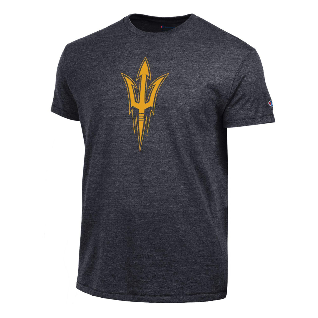 Faded black tee with gold pitchfork on the chest