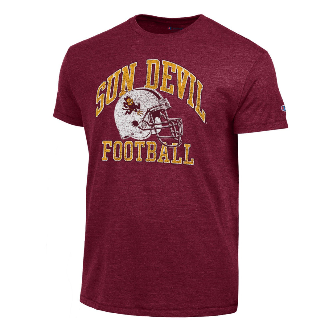 maroon tri blend tee with Sun Devil Football text in gold and a white Sparky speed helmet