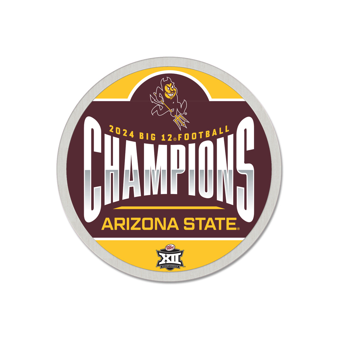 Maroon and gold with Sparky at the top, "2024 Big 12 Football Champions Arizona State" in the center, XII Championship logo at the bottom