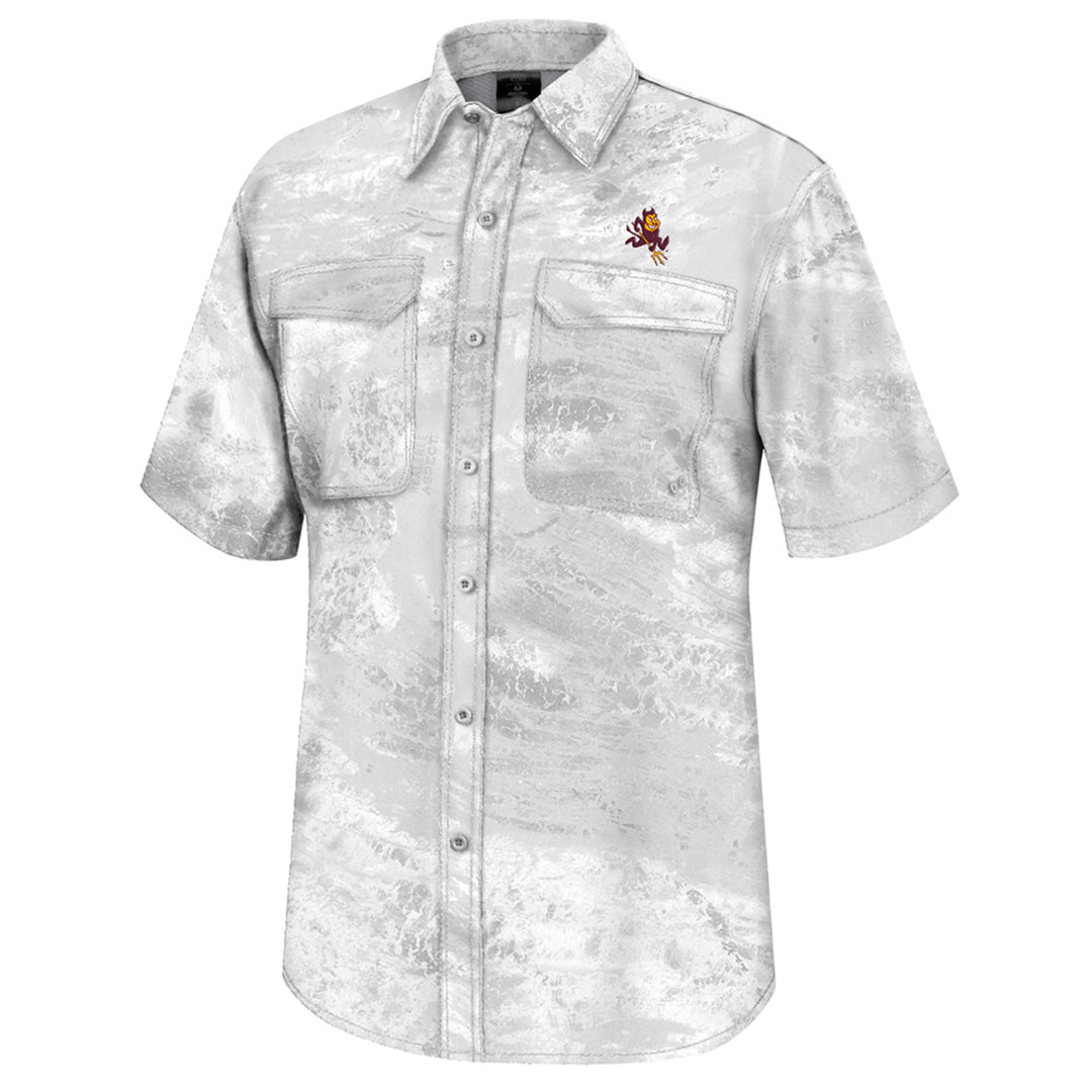 Grey and white collared button down short sleeve with covered pockets on each breast and a charging Sparky over the left breast.