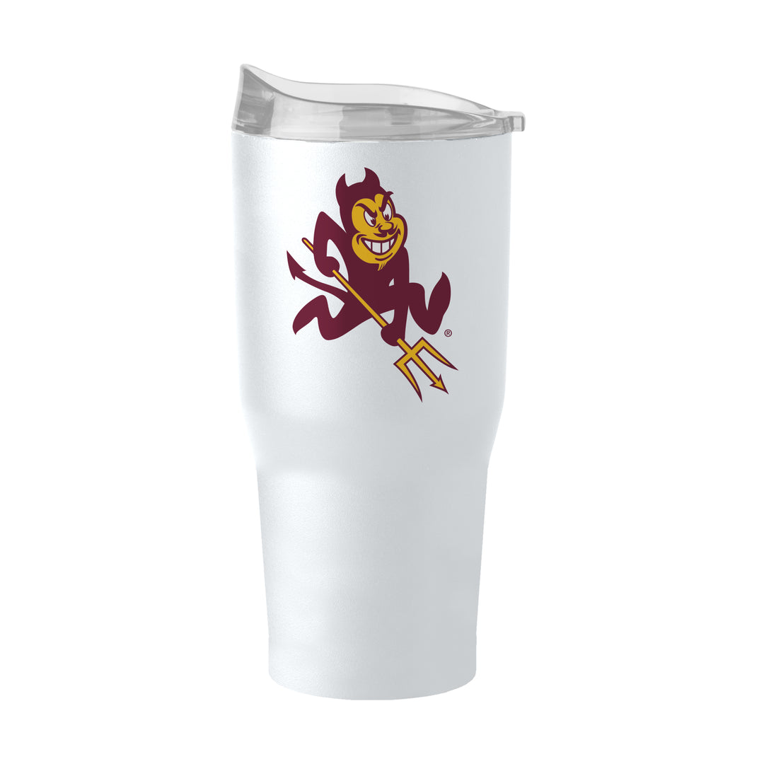 White tumbler with clear sip lid and maroon and gold charging Sparky on base