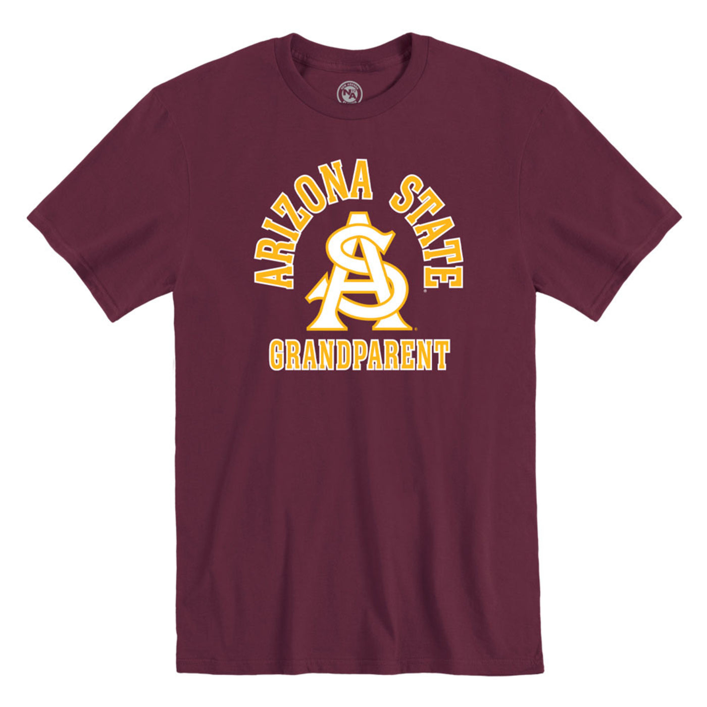 ASU maroon tee with an interlocking A and S in white text with gold outline in the middle of the tee. Right beneath that is 