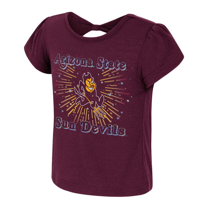 Short sleeve maroon tee with charging Sparky in the center, "Arizona State" above, "Sun Devils" below, words outlined in metallic silver, fireworks and stars in background