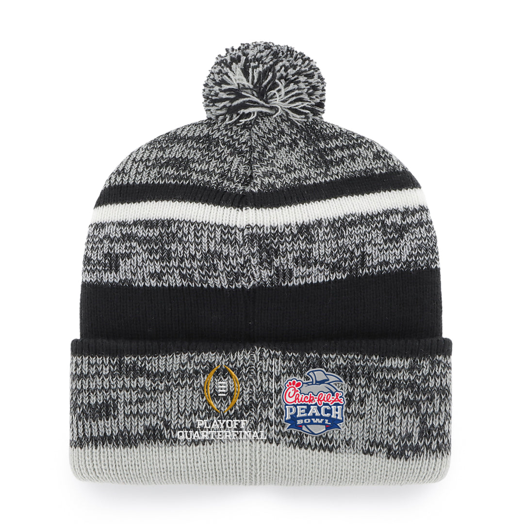 Grey beanie with folded hem over a black stripe, Playoff Quarterfinal and Chick-Fil-A Peach Bowl logos on the hem, one smaller black and white stripe near top with pom pom at the top of the head. 