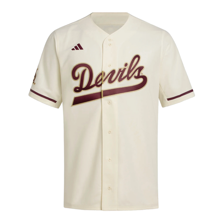 Cream colored Button Down Baseball Jersey with Devils on the Chest in Maroon and in cursive with line from the s in Devils underlining the word. Maroon stripes on arms. Small Adidas logo above right breast. 