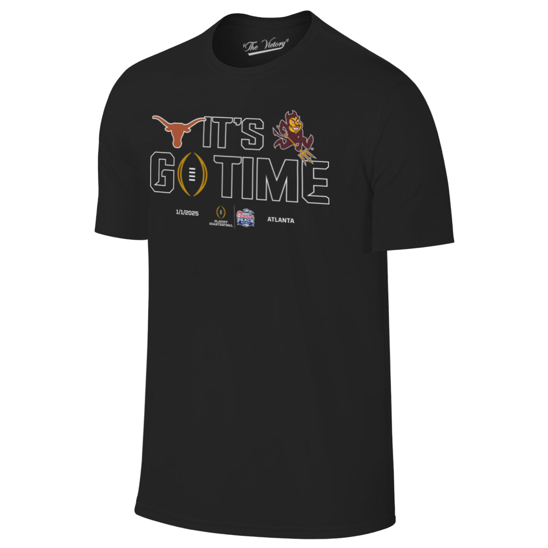Black short sleeved tee with "It's Go Time" outlined in white and football for the O, TX Longhorn and charging Sparky on either side of It's and 1/1/2025 Playoff Quarterfinal and Chick-Fil-A Peach Bowl logos "Atlanta" below