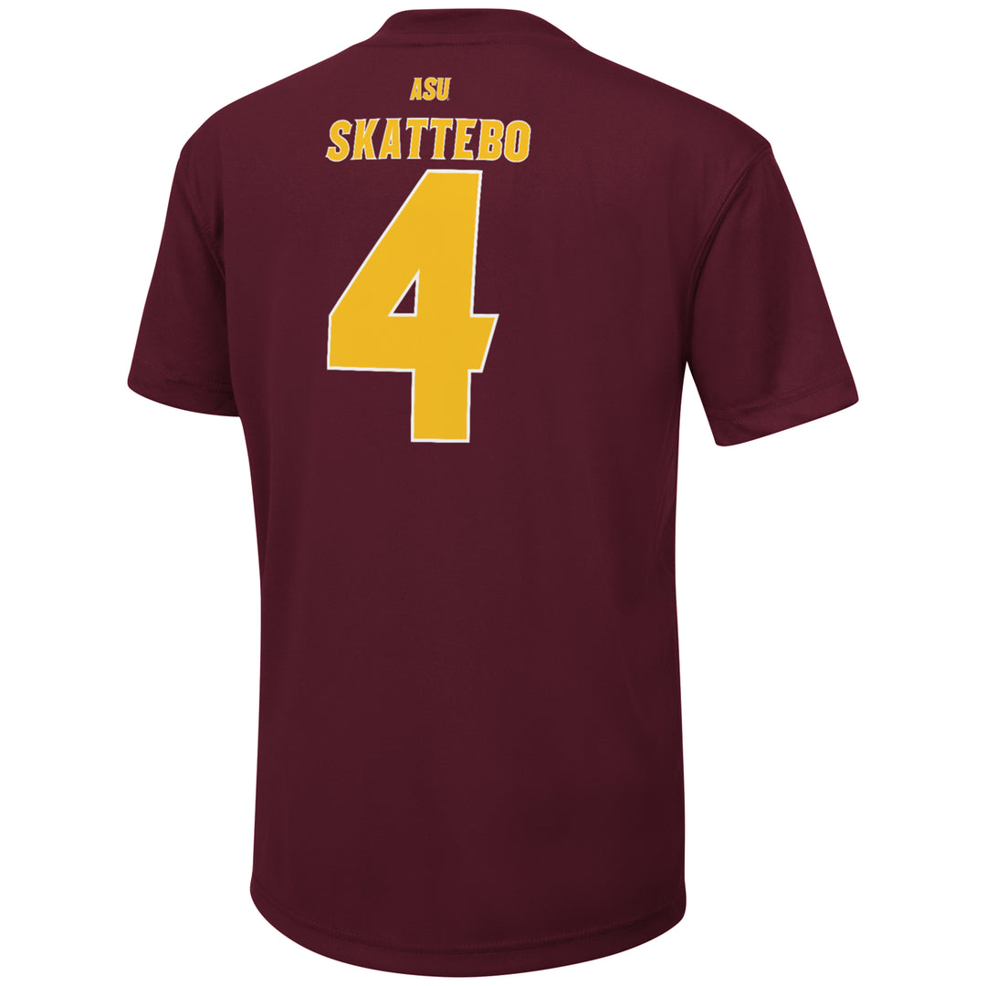 Maroon short sleeve tee with "ASU" in gold by the collar above "Skattebo" in gold and "4" enlarged in the center in gold
